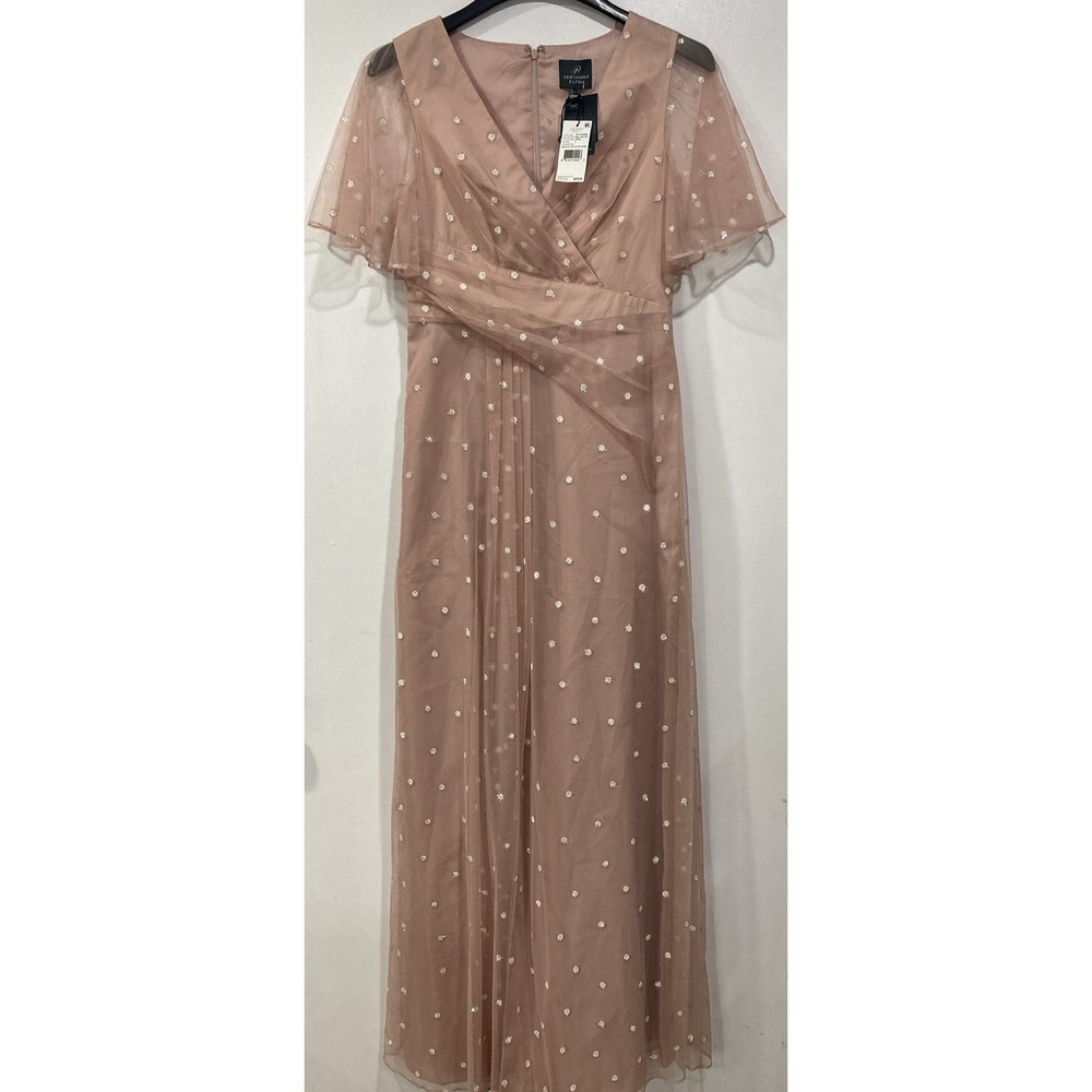 Metallic Dot Long Gown With Flutter Sleeves Mellow Blush Adrianna Papell Size 4